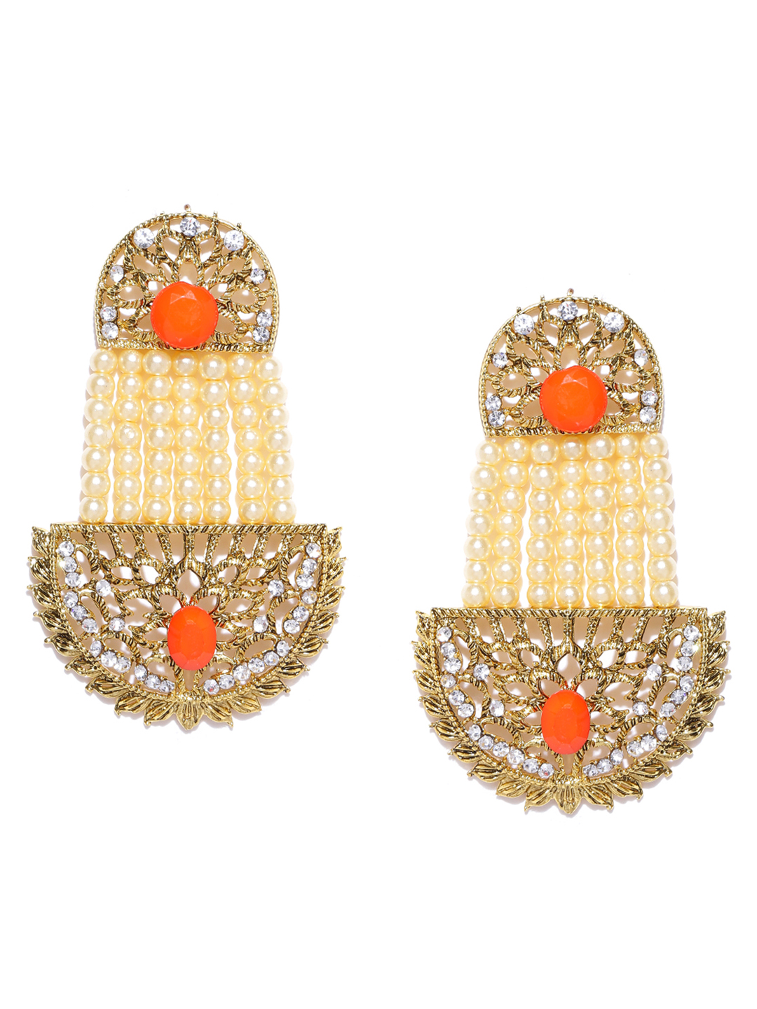 YouBella Off-White Gold-Plated Stone-Studded Beaded Drop Earrings